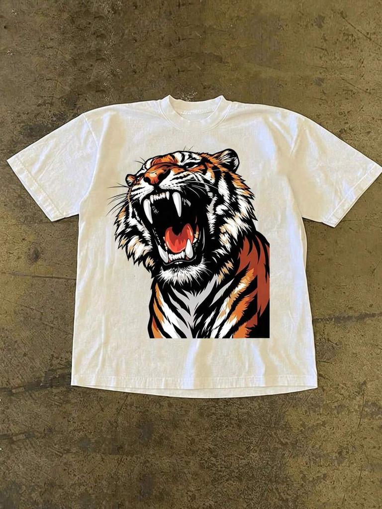2026 New Women Roaring Tiger Head Graphic T Shirt Fierce Big Cat Illustration Print Crewneck Loose Casual Short Sleeve Tops
