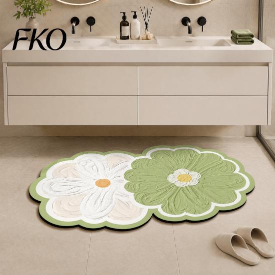 Soft Bendable Bathroom Rug Double Flower Bath Mat, Super Absorbent Diatomaceous Earth Rug, Non-Slip Floral Quick Dry Floor Mat for Home Entrance