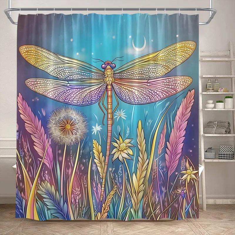 Floral Dragonfly Shower Curtains Watercolour Dandelion Rustic Flower Plants Polyester Fabric Bathroom Curtain Decor With Hooks
