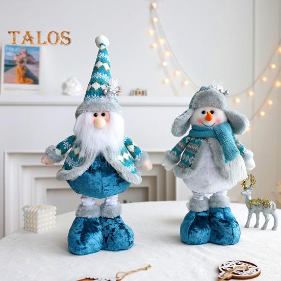 Christmas Doll Ornament Plush Standing Santa Claus Reindeer Snowman Figure with Telescope Leg Blue Gnome Doll Toy for Tree Fireplace Window Table