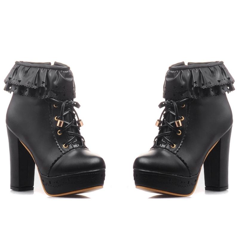 Осенне-зимние женские ботильоны на платформе, белые, черные, розовые, милые короткие ботинки, на шнуровке, туфли в стиле Лолиты для девочек, большой размер 45