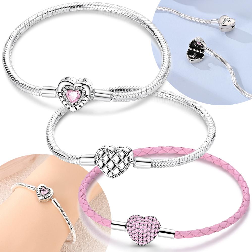 Charms 925 Silver Cross Bracelet Pink Heart Love&faith Zircon Bead Bracelet Exquisite Women Jewelry Gift Set