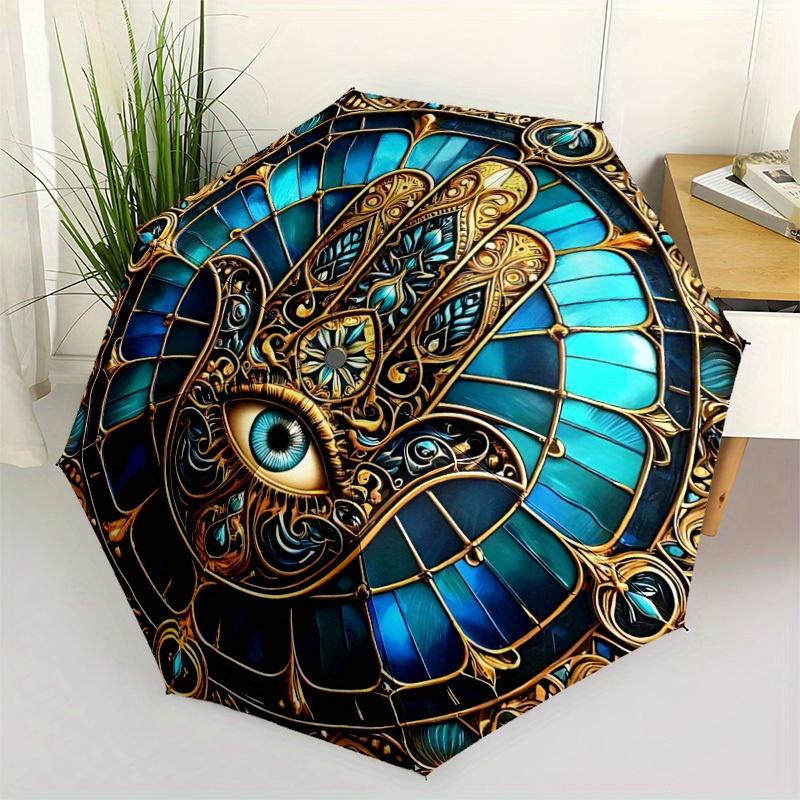 1pc StainedGlass Mandala Automatic Open/close Folding Compact Umbrella, 8-Rib Sturdy Canopy, Lightweight Portable, Everyday Use, Gift,124