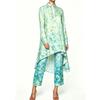 Summer new sunset seascape floral print irregular lapel long-sleeved shirt nine-point pants women's casual suit