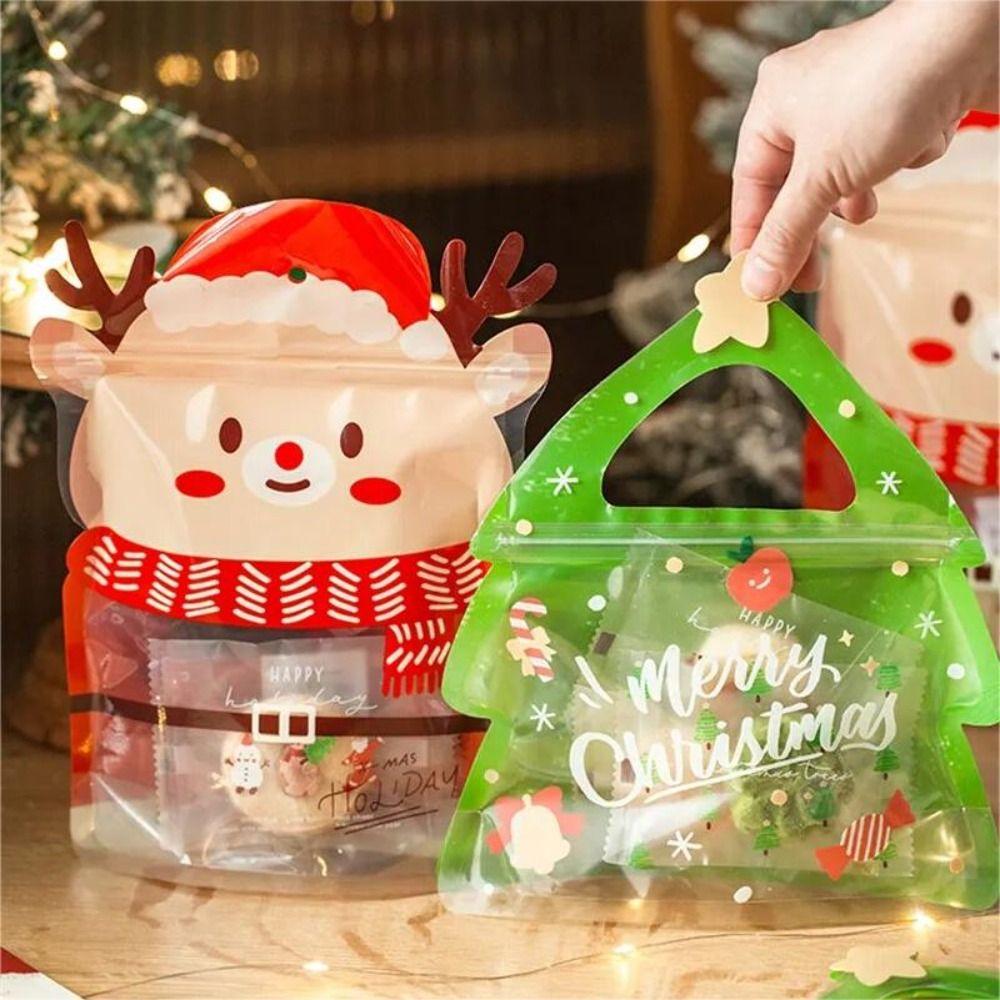 10pcs Thick Candy Packing Bags Elk Christmas Tree Shaped Candy Pouches Christmas Gift Bags Biscuit