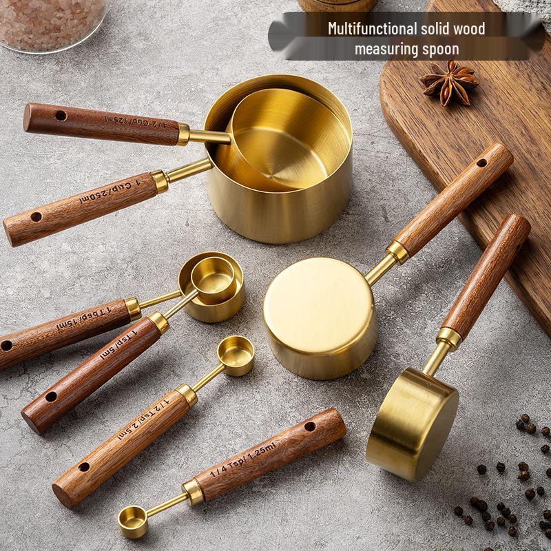 Набор мерных чашек и ложек из нержавеющей стали с золотым покрытием и ручками из акации, 8 предметов, кухонные инструменты для выпечки.