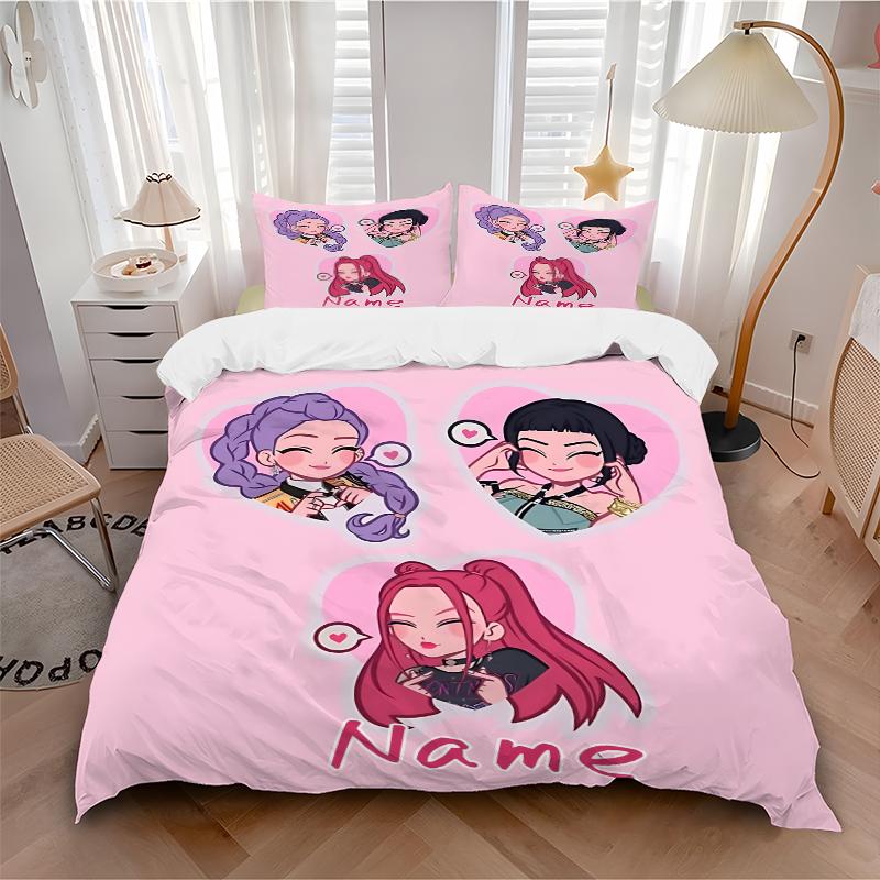 Custom Name kpop cartoon Girl Bedding 3 Piece Set HD Print Duvet Cover Pillowcases for Teens Adult Bedroom Decoration