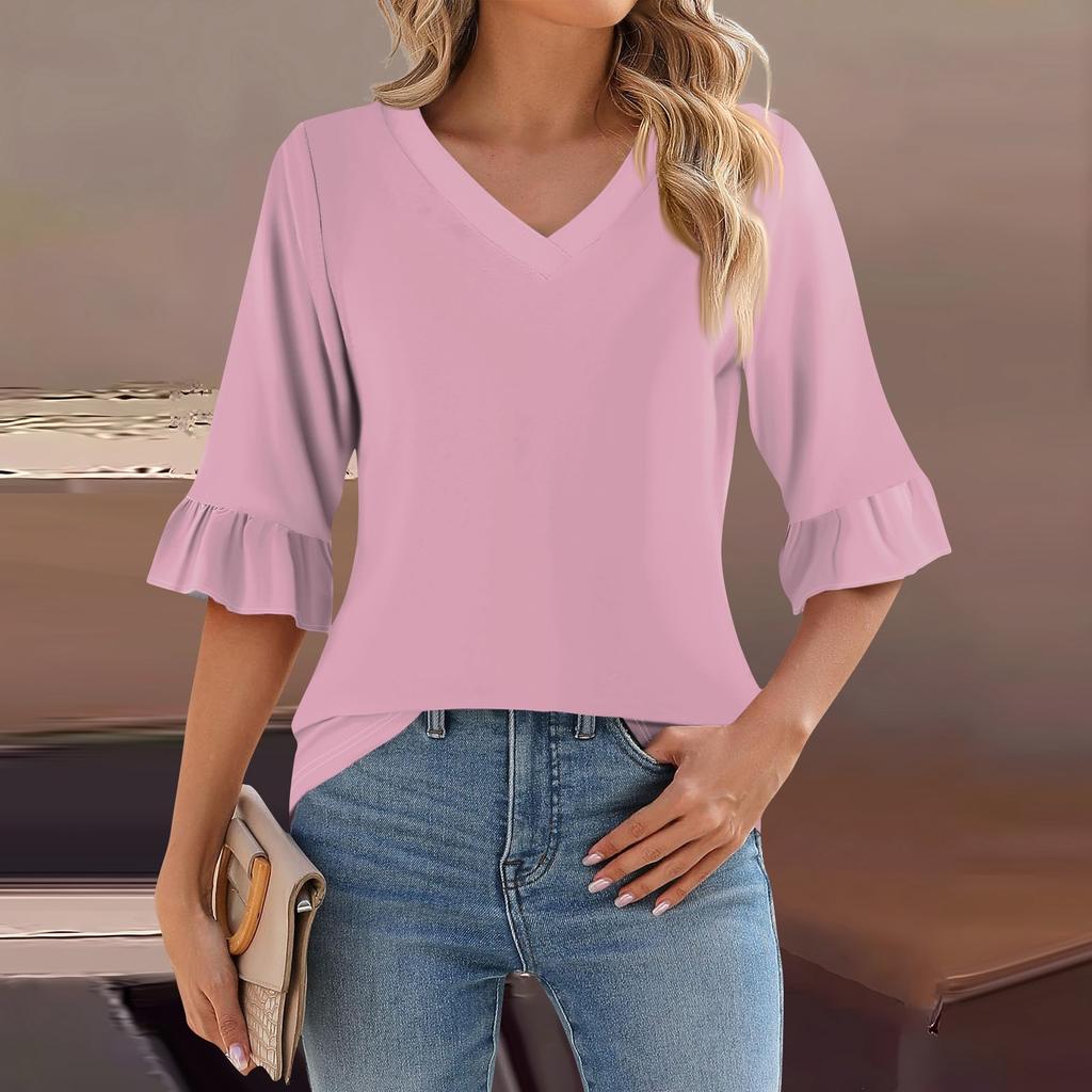 Женский повседневный топ с рукавами 3/4, летняя футболка с v-образным вырезом и пышными рукавами