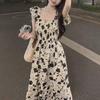 Summer Floral French Sleeve Dress for Women, Hepburn Style Slimming Midi