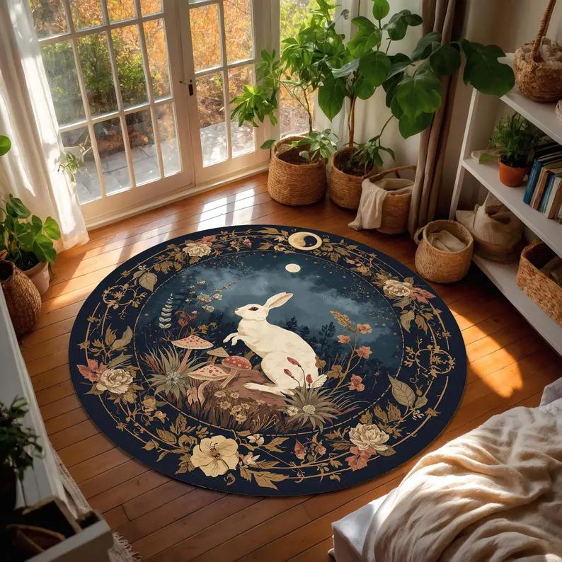 Navy Blue Round Rabbit Moonlit Rug Botanical Mushroom Rug Boho Nursery Decor Witchy Floor Mat for Bedroom Living Room Easter