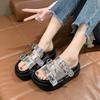 High-end Metal Buckle Patent Leather Fashion Muffin Bread Cool Slippers Women's Summer Wear Thick Bottom 8cm Height Increase One-word Drag