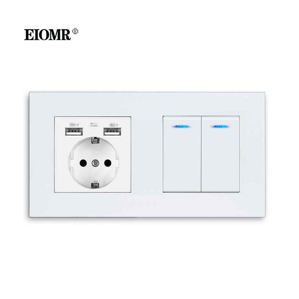 EIOMR EU Настенные выключатели Розетки Огнестойкая панель из поликарбоната USB 5V 2.1A для зарядки телефона Розетки 16A 220V Белые настенные розетки