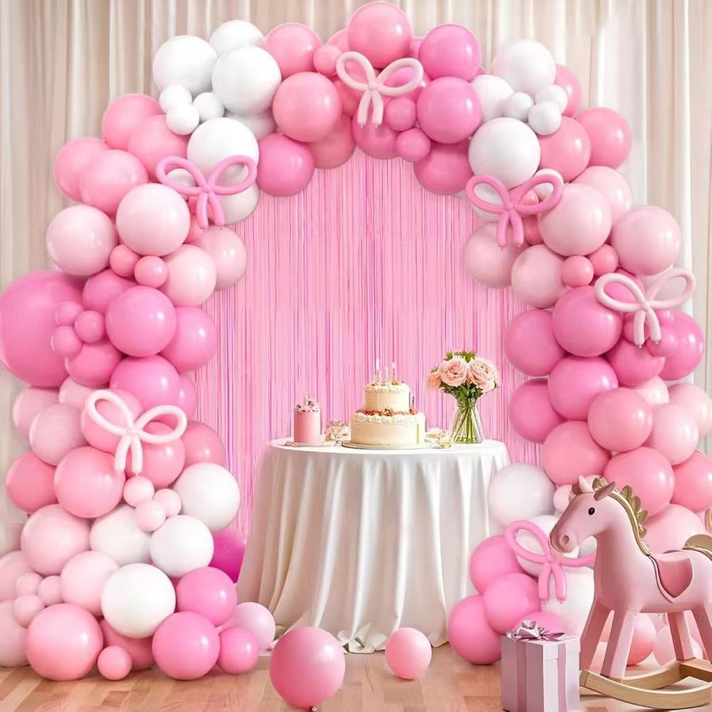 White Pink Bow Rain Silk Balloon Wreath Arch Set Wedding Bride Engagement Bachelor Party Pink Rose Red
