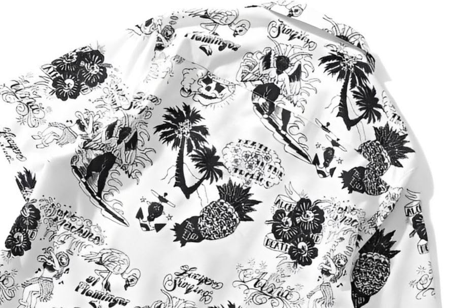 Aspersio Short Sleeve Aloha Top with Ora Slightly White Men's Shirt, All-Over Print, Stylish, Open-Collar Skull, Button-Down, Pineapple, Hibiscus,
