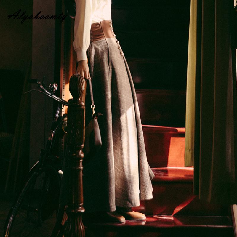 Осень-зима в английском стиле, женская длинная теплая юбка макси с высокой талией, бандажная плотная клетчатая шерстяная юбка, элегантная женская шерстяная юбка трапециевидной формы
