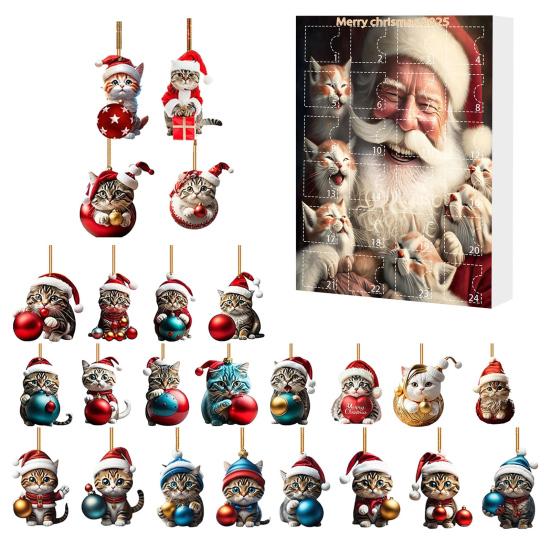 Рождественский кошачий адвент-календарь Акриловый 2D мультяшный кот Подвесные украшения 24 дня 2025 Рождественский календарь обратного отсчета Подарок для любителей кошек Праздничное украшение