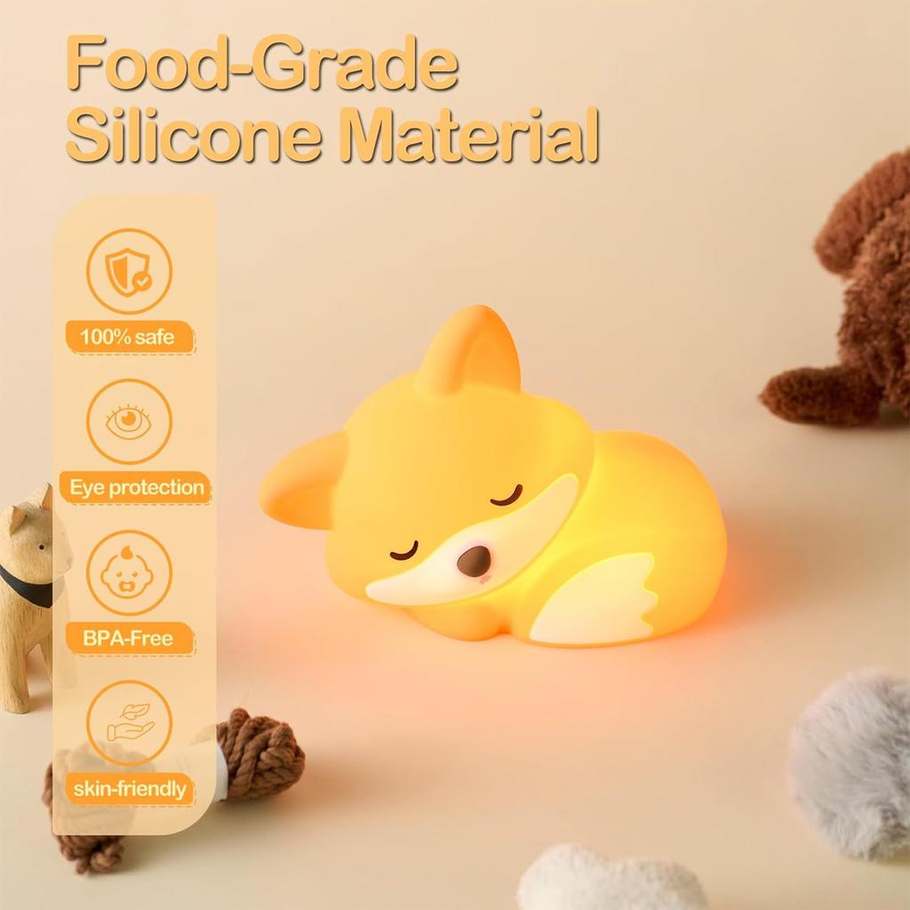 Animal Shape Fox Night Light LED Silicone Bedside Lamp Touch Control Dimmable USB Rechargeable for Kids Room