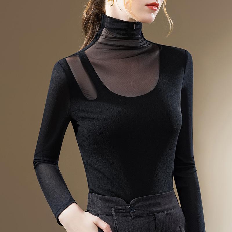 Women's Autumn and Winter High Neck Bottoming Sexy See-through Mesh Temperament Within The Waist Top