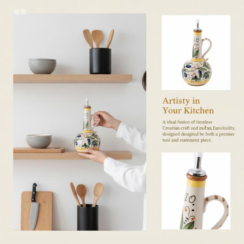 Ceramic Oil Vinegar Dispenser Underglaze Embossed Food Grade Oil Can for Kitchen Countertop Cooking Use