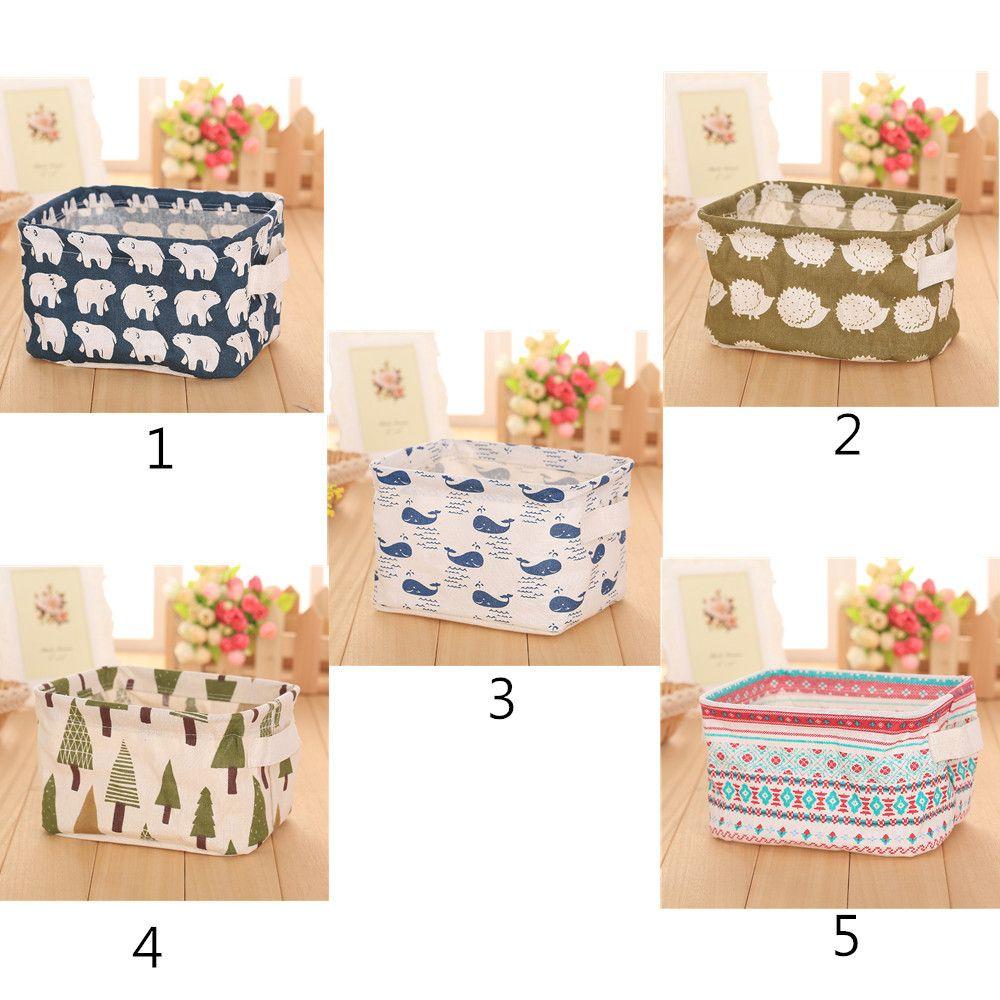 Desktop Cotton And Linen Handle Collapsible Storage Box Cartoon Pictures Storage Basket