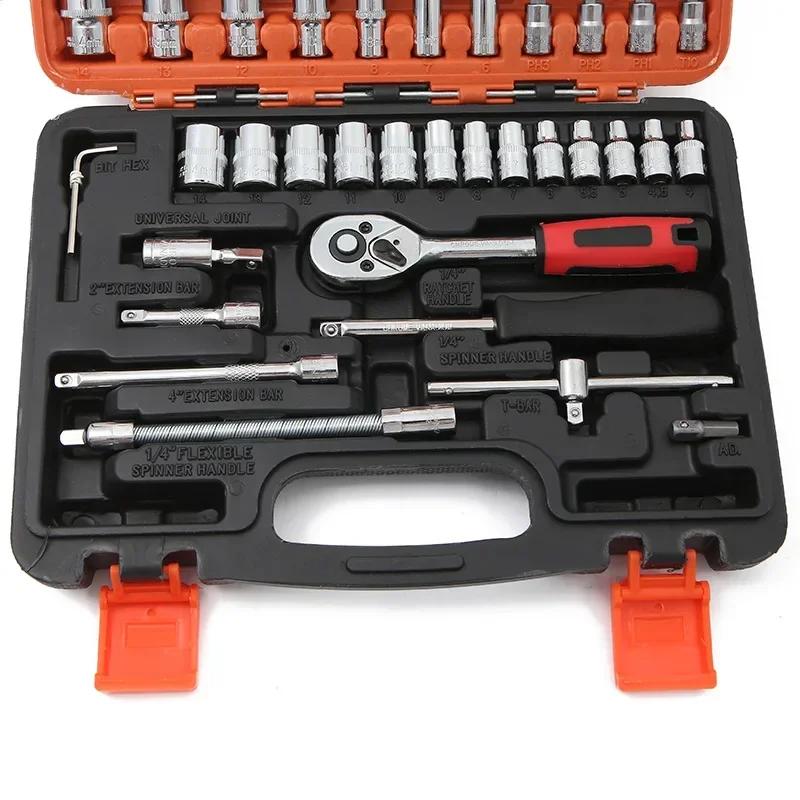 53PCs Drive Socket Set 1/4 Inch Ratchet Wrench Set with Sockets Metric Hex Bit Socket Set Mechanic Tool Kits for Auto Repair