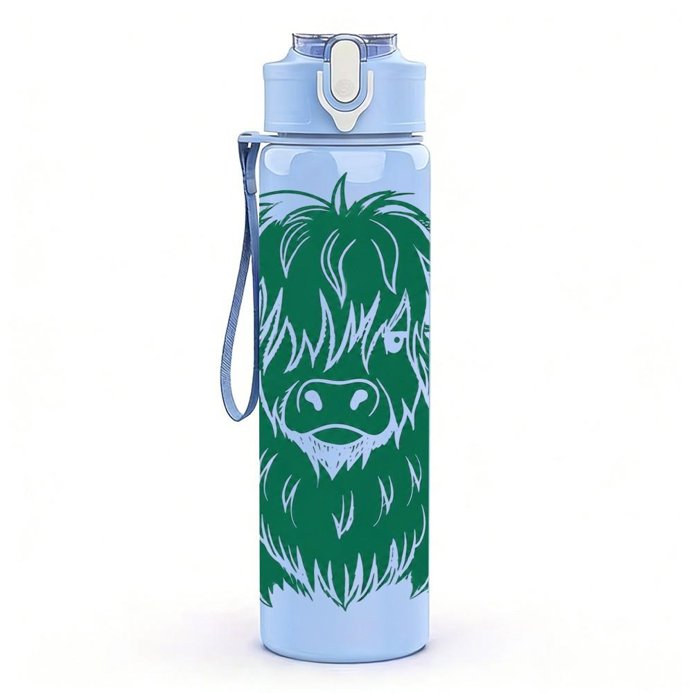 1PC Green Highland Cow Head Pattern 750ml Color Plastic Sports Water Bottle Leakproof Flip Straw Lid Suitable for Sports Office Home Use