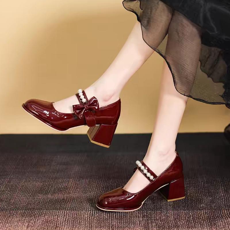 Мода 2025 Новые Роскошные Туфли на Платформе с Бусинами и Бантом для Свадьбы и Свиданий Весенние Женские Туфли Мэри Джейн Лодочки с Круглым Носком и Блочным Каблуком