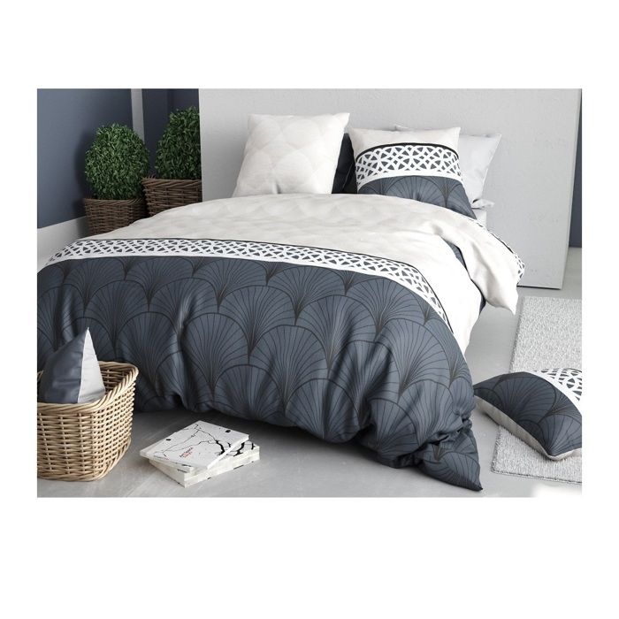 Housse couette + 2 taies 220 x 240 cm Eventails graphique arcadie