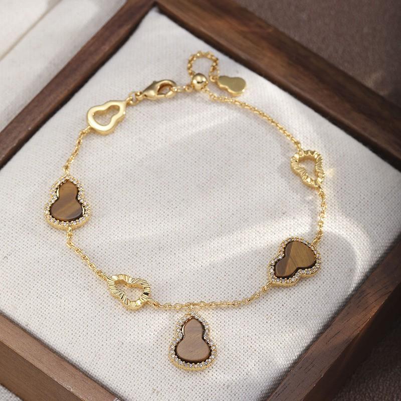 Elegant Gold-Plated Pendant Bracelet Women Modern Chinese-Inspired Geometric Design Tigers Eye Zircon Accents Lightweight