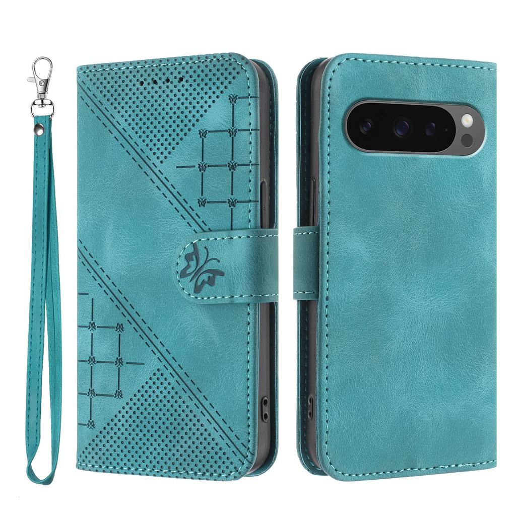 For Google Pixel 9 Pro XL/Google Pixel 10 Pro XL Leather Wallet Case Butterfly Flower Imprinted Phone Cover with Strap