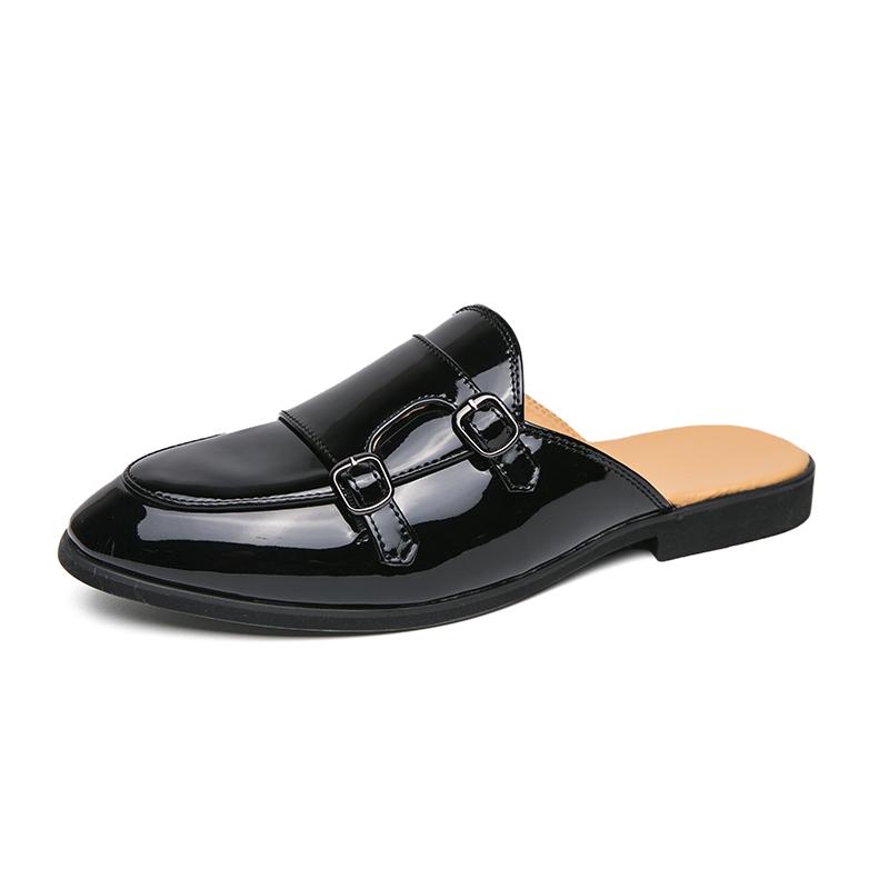 Black Half Shoes for Men Glossy Mules Slippers Leather Shoes Casual Shoes Men Fashion Social Masculino Mocassin Homme Chaussure