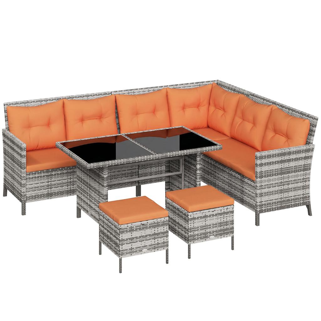 7-Seater Patio wicker Sofa Set Rattan Chair Furniture w/ Glass & Cushioned, Orange