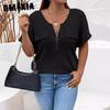 Весна-лето, сплошной цвет, большие размеры, женский топ на молнии с коротким рукавом, пуловер с карманами, футболка, свободная