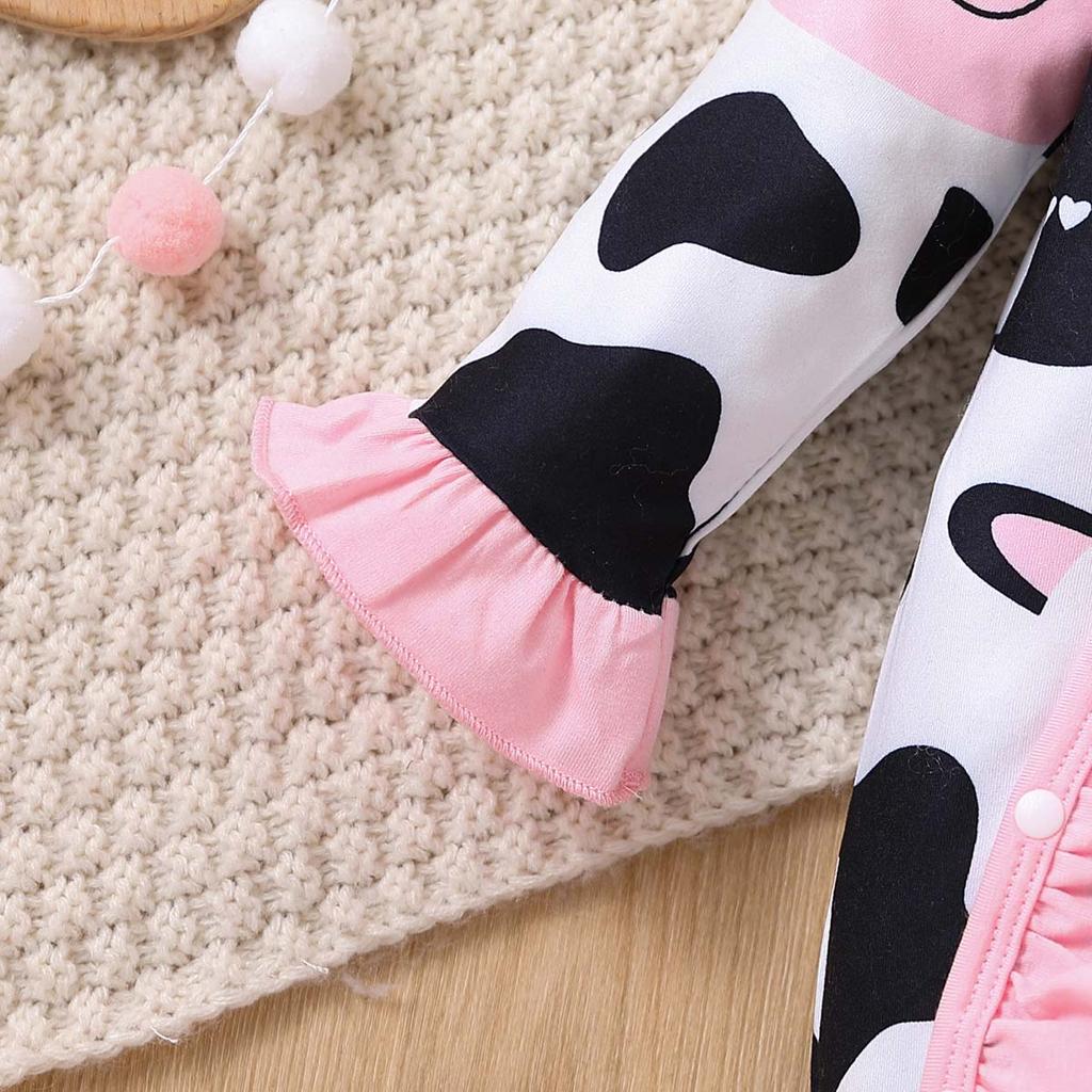 Infant Girls Ruffled Long Sleeve Romper Spring Autumn Cow Print Baby One piece Crawling Jumpsuit Fashion Comfortable Infant Bodysuit