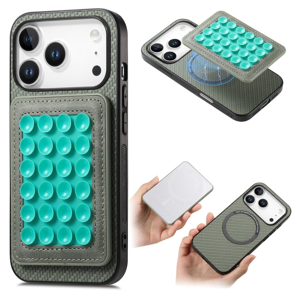 For iPhone 17 Pro Case Carbon Fiber Texture Leather Back Cover with Magnetic Detachable Suction Cup