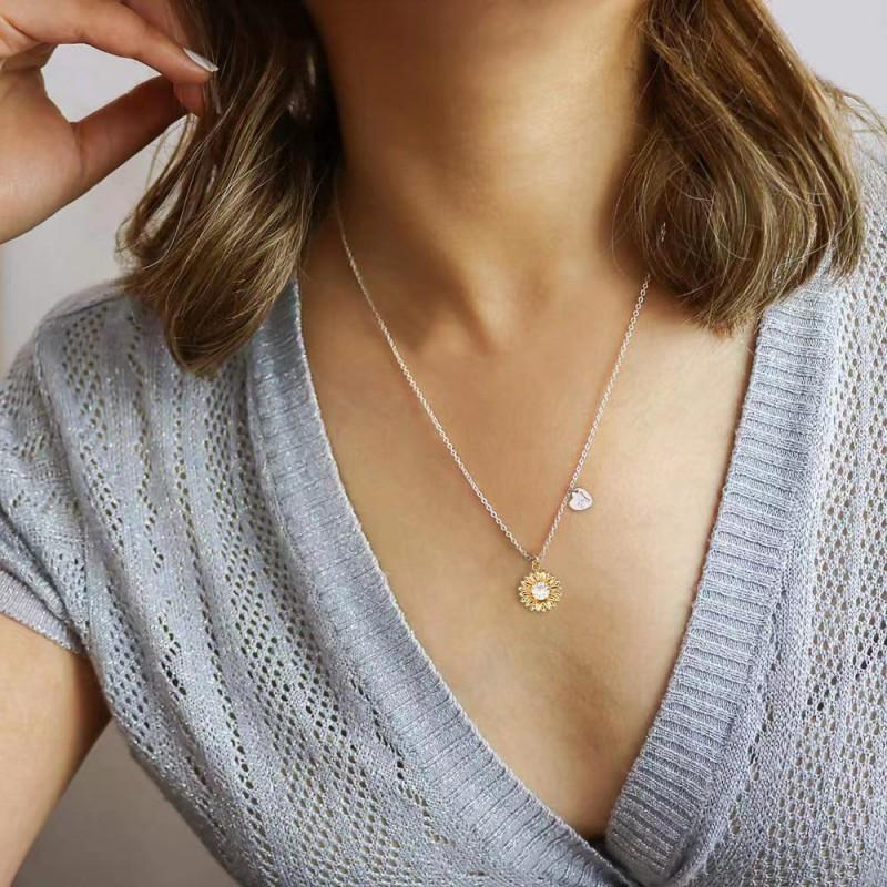 Sterling Sunflower Pendant Necklace Women Delicate Cross Chain Choker Elegant Floral Jewelry Gift