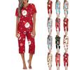 Women's Casual Sports Pajamas Short Sleeve Cropped Pants Christmas Printed Set