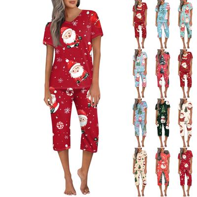 Женская повседневная спортивная пижама с коротким рукавом и укороченными брюками с рождественским принтом
