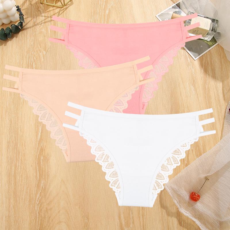 3Pcs Sexy Lady Style Transparent Lace Underwear Women's Straps Panties Seamless Perspective Briefs Low Waisted Triangle Pants