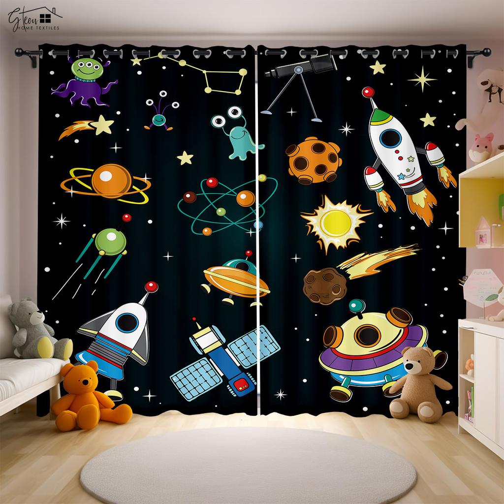 Мультяшные шторы Вселенная Астронавт Космический корабль Ракета Луна Инопланетянин Детская комната Детская спальня Шторы с 3D-печатью 2 шт.