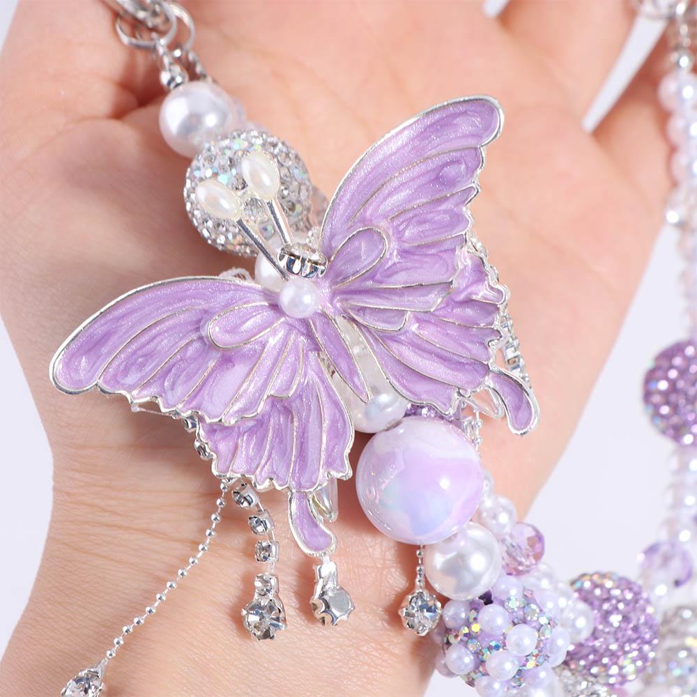 Glitter Butterfly Key Chain Double Layer Beads Bag Pendant Rhinestone Phone Chain  Backpack Pendant