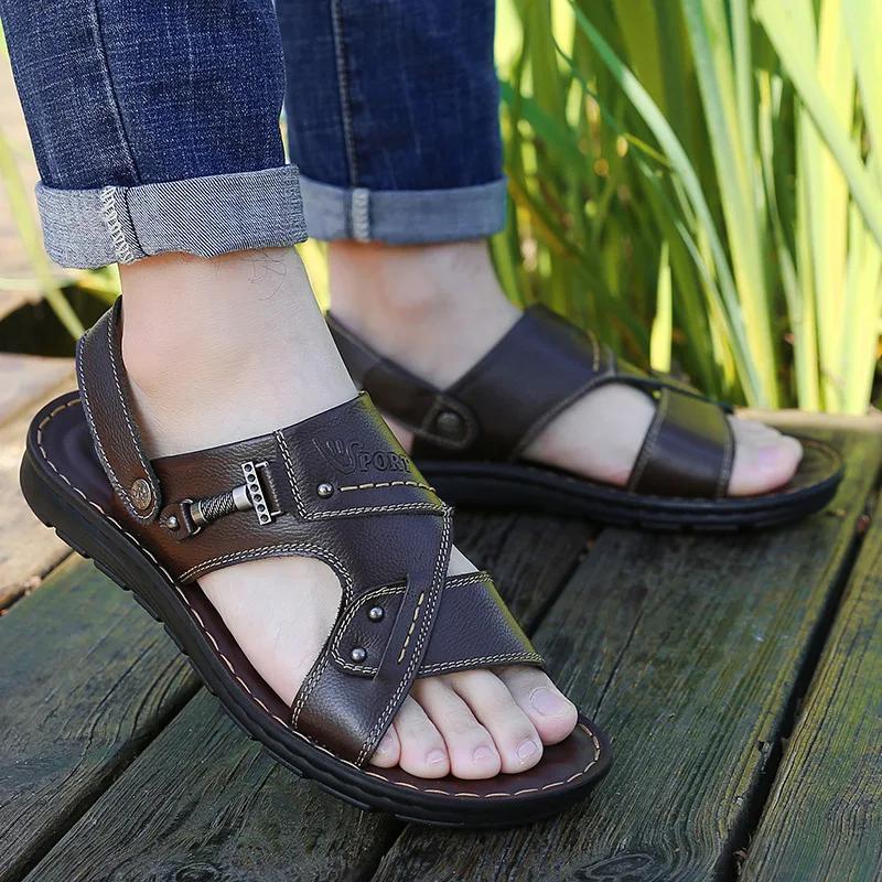 Men's Summer New Sandals Men's Leather Sandals Adult Thick-soled Beach Shoes Non-slip Open-toed Sandals Men's Slippers Outdoor