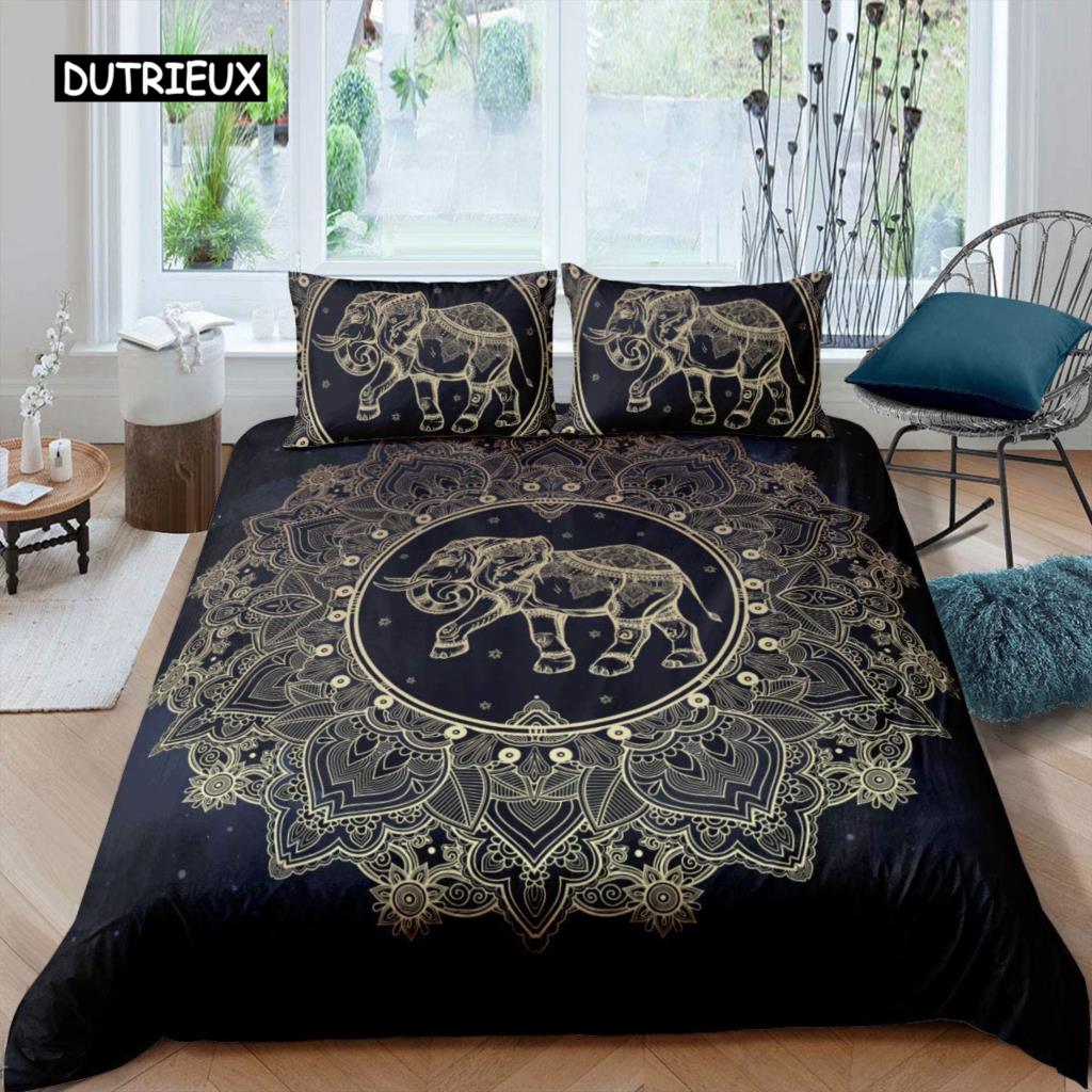 Mandala Buddha Duvet Cover Set,Bohemian Bedding Set Golden Black Lotus Flowers Print Luxury Microfiber Polyester Comforter Cover