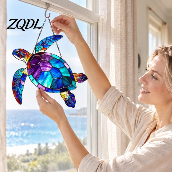 Ocean Themed Gifts for Women Sea Turtle Suncatcher, Acrylic Window Hanging Ornament, Faux Stained Glass Decorative Pendants Coastal Decor Lovers,