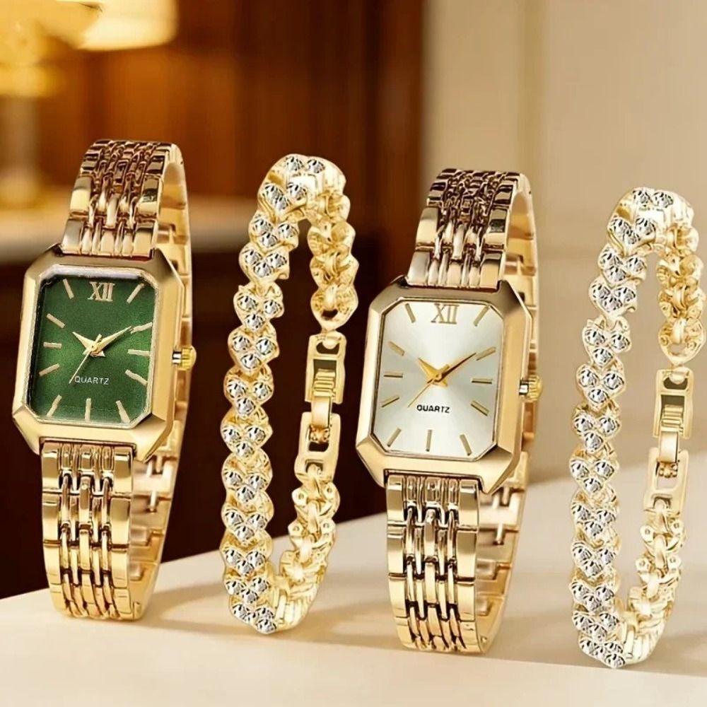 Fashion Watch and Rhinestone Bracelet Set Rectangle Ladies Wristwatches Girls Clock Festival Gift