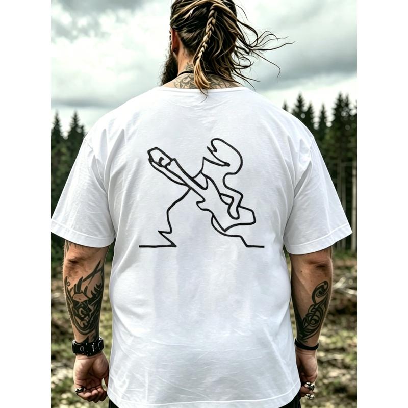 Men'S Black T-Shirt With Minimalist Warrior Line Art Print For Outdoor Adventure And Casual Wear, Plus Size