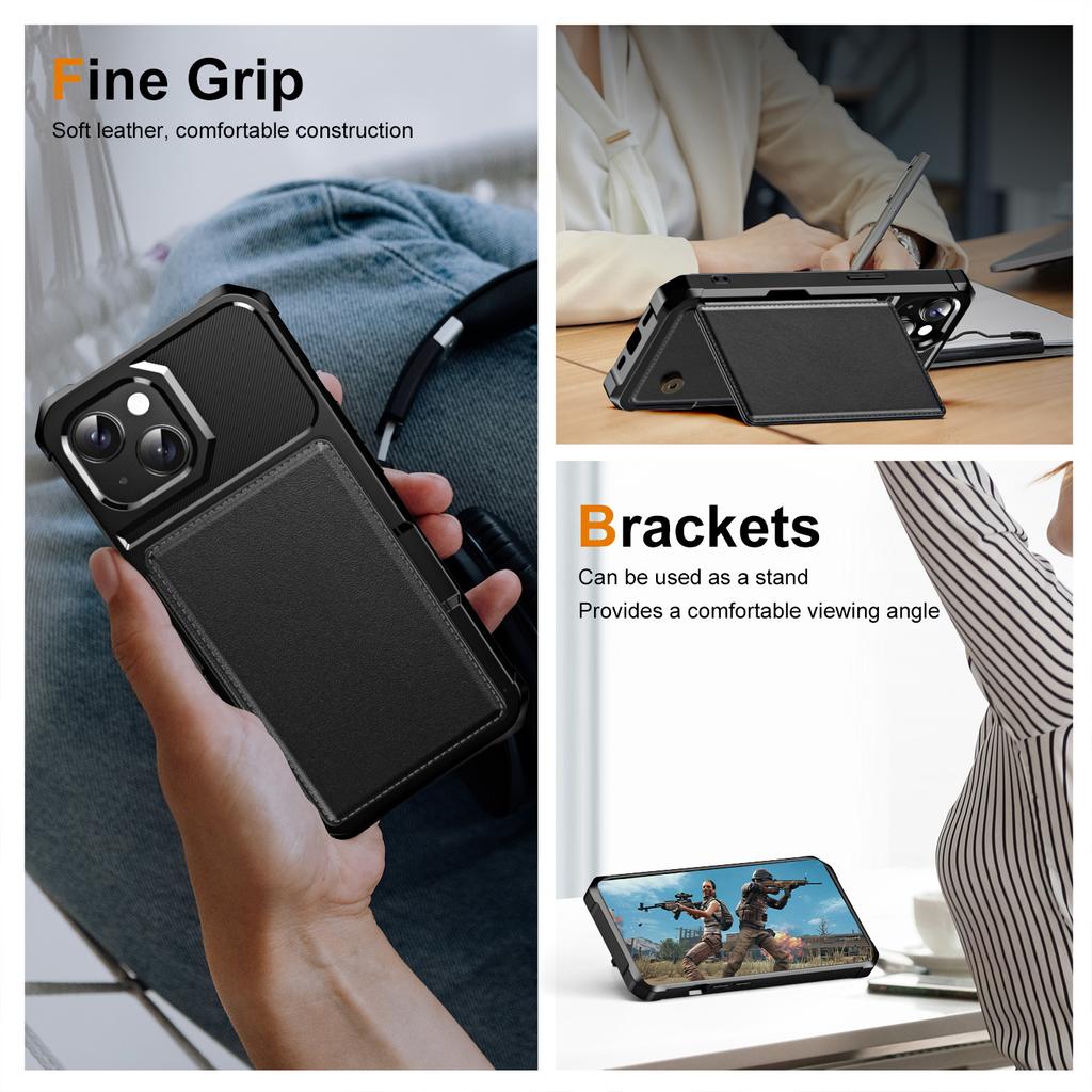 For iPhone 15 Plus Case Card Slot Kickstand Leather+TPU Reinforced Corner Phone Cover