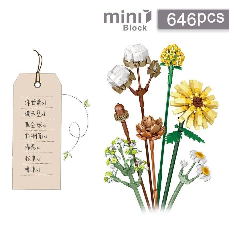 2024 романтические розы, цветы, подсолнухи, нарциссы, сады, строительные блоки, классические модели, мини-кирпичи, детские наборы