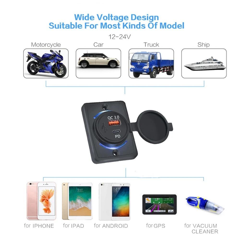 Водонепроницаемое зарядное устройство QC3.0 Type-C PD Dual USB со светодиодным индикатором для приборной панели лодки, автофургона, яхты, транспортного средства