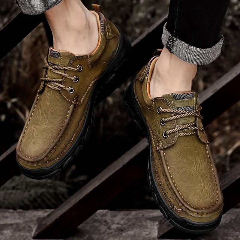 2025 New Men Genuine Leather Sneakers Hiking Shoes Casual Leather Lace Up Outdoor Oxfords Antiskid Thick Bottom Walking Shoes